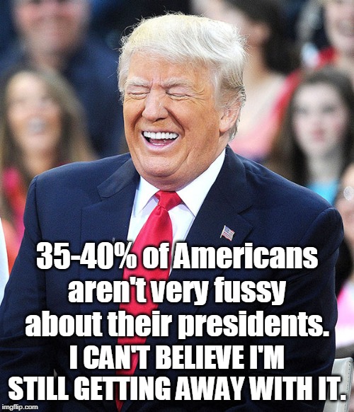 There's one born every minute. | 35-40% of Americans aren't very fussy about their presidents. I CAN'T BELIEVE I'M STILL GETTING AWAY WITH IT. | image tagged in trump laughing,con man,sucker,president | made w/ Imgflip meme maker