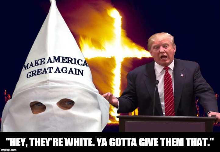 "There are good people on both sides." No, you moral leper, there aren't. | "HEY, THEY'RE WHITE. YA GOTTA GIVE THEM THAT." | image tagged in trump kkk,racist,white supremacists,neo-nazis,charlottesville | made w/ Imgflip meme maker