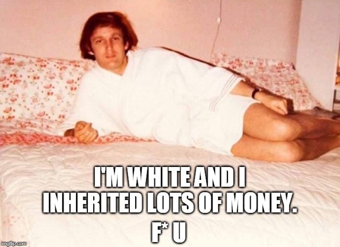 Young Donald reflects on the values that will guide him for the rest of his life. | I'M WHITE AND I INHERITED LOTS OF MONEY. F* U | image tagged in sexy trump,white,inherit,rich,arrogant rich man | made w/ Imgflip meme maker