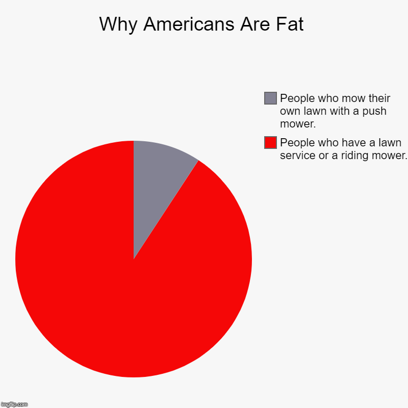 Why Americans Are Fat | People who have a lawn service or a riding mower., People who mow their own lawn with a push mower. | image tagged in charts,pie charts | made w/ Imgflip chart maker