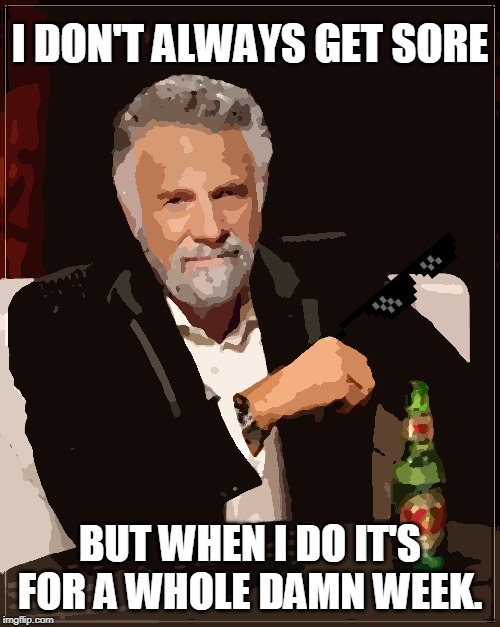 The Most Interesting Man In The World | I DON'T ALWAYS GET SORE; BUT WHEN I DO IT'S FOR A WHOLE DAMN WEEK. | image tagged in memes,the most interesting man in the world | made w/ Imgflip meme maker