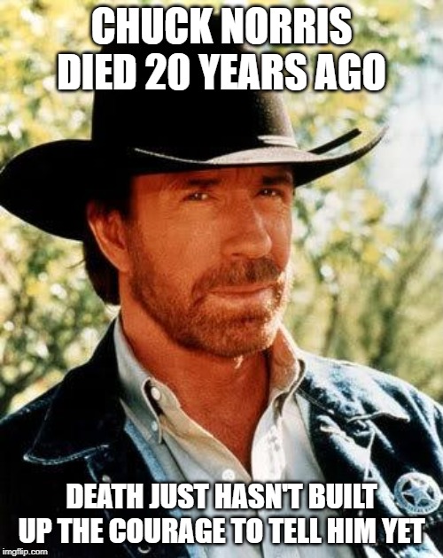 Death be Not Brave | CHUCK NORRIS DIED 20 YEARS AGO; DEATH JUST HASN'T BUILT UP THE COURAGE TO TELL HIM YET | image tagged in memes,chuck norris | made w/ Imgflip meme maker