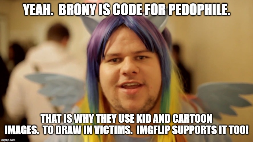 Brony Neckbeard | YEAH.  BRONY IS CODE FOR PEDOPHILE. THAT IS WHY THEY USE KID AND CARTOON IMAGES.  TO DRAW IN VICTIMS.  IMGFLIP SUPPORTS IT TOO! | image tagged in brony neckbeard | made w/ Imgflip meme maker