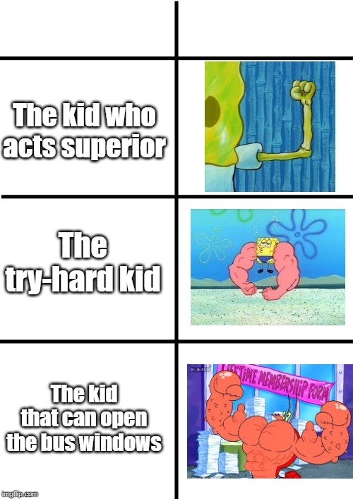 Comparison Chart | The kid who acts superior; The try-hard kid; The kid that can open the bus windows | image tagged in comparison chart | made w/ Imgflip meme maker
