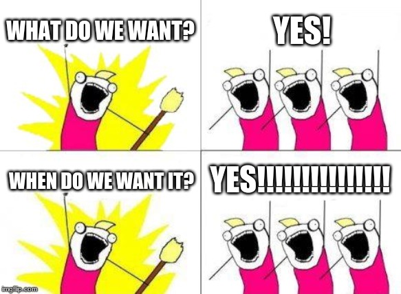 What Do We Want | WHAT DO WE WANT? YES! YES!!!!!!!!!!!!!!! WHEN DO WE WANT IT? | image tagged in memes,what do we want | made w/ Imgflip meme maker