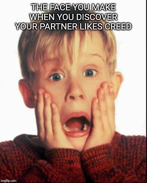Home Alone Kid  | THE FACE YOU MAKE WHEN YOU DISCOVER YOUR PARTNER LIKES CREED | image tagged in home alone kid | made w/ Imgflip meme maker