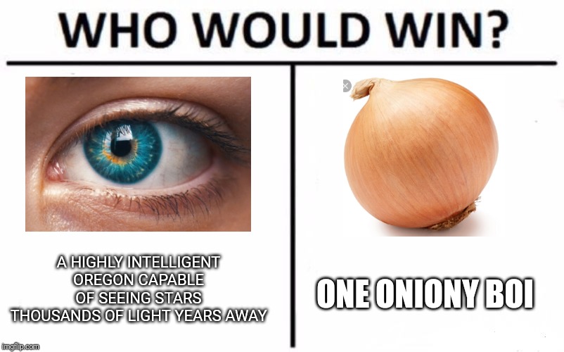 Who Would Win? | A HIGHLY INTELLIGENT OREGON CAPABLE OF SEEING STARS THOUSANDS OF LIGHT YEARS AWAY; ONE ONIONY BOI | image tagged in memes,who would win | made w/ Imgflip meme maker