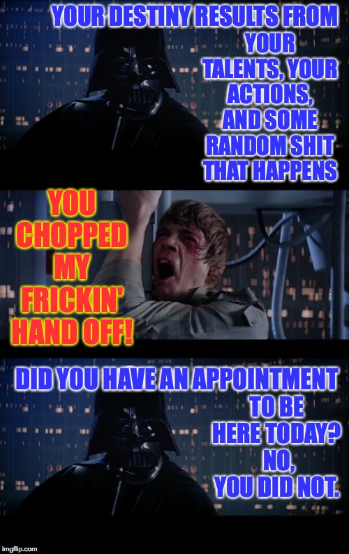 This is what happens when you don't make an appointment. | YOUR TALENTS, YOUR ACTIONS, AND SOME RANDOM SHIT THAT HAPPENS; YOUR DESTINY RESULTS FROM; YOU CHOPPED MY FRICKIN' HAND OFF! TO BE HERE TODAY?  NO, YOU DID NOT. DID YOU HAVE AN APPOINTMENT | image tagged in memes,star wars no,appointment with destiny,random shit | made w/ Imgflip meme maker