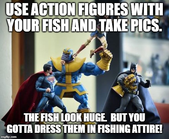 Action figures  | USE ACTION FIGURES WITH YOUR FISH AND TAKE PICS. THE FISH LOOK HUGE.  BUT YOU GOTTA DRESS THEM IN FISHING ATTIRE! | image tagged in action figures | made w/ Imgflip meme maker