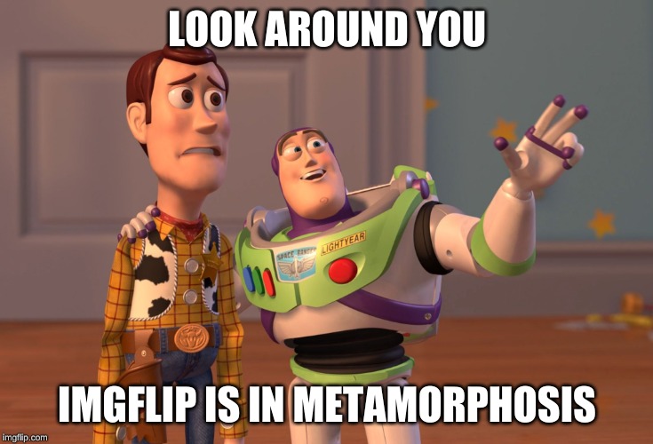 X, X Everywhere Meme | LOOK AROUND YOU IMGFLIP IS IN METAMORPHOSIS | image tagged in memes,x x everywhere | made w/ Imgflip meme maker