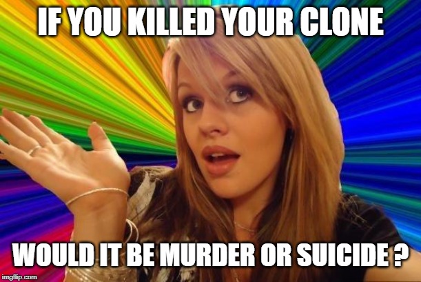 Dumb Blonde Meme | IF YOU KILLED YOUR CLONE WOULD IT BE MURDER OR SUICIDE ? | image tagged in memes,dumb blonde | made w/ Imgflip meme maker