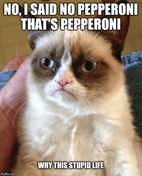 Grumpy Cat | NO, I SAID NO PEPPERONI
THAT'S PEPPERONI; WHY THIS STUPID LIFE | image tagged in memes,grumpy cat | made w/ Imgflip meme maker