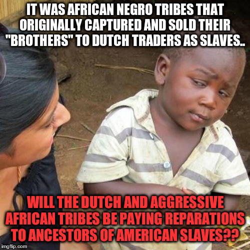 Third World Skeptical Kid Meme | IT WAS AFRICAN NEGRO TRIBES THAT ORIGINALLY CAPTURED AND SOLD THEIR "BROTHERS" TO DUTCH TRADERS AS SLAVES.. WILL THE DUTCH AND AGGRESSIVE AFRICAN TRIBES BE PAYING REPARATIONS TO ANCESTORS OF AMERICAN SLAVES?? | image tagged in memes,third world skeptical kid | made w/ Imgflip meme maker