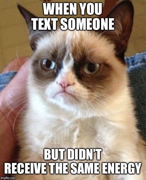 Grumpy Cat | WHEN YOU TEXT SOMEONE; BUT DIDN’T RECEIVE THE SAME ENERGY | image tagged in memes,grumpy cat | made w/ Imgflip meme maker