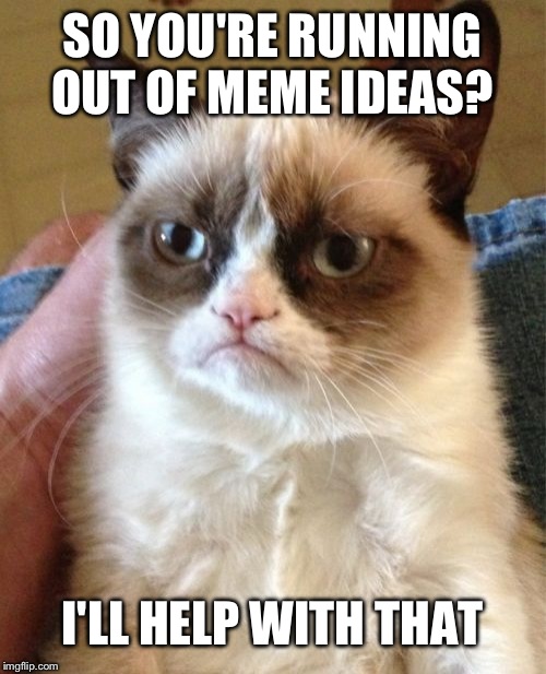 Grumpy Cat Meme | SO YOU'RE RUNNING OUT OF MEME IDEAS? I'LL HELP WITH THAT | image tagged in memes,grumpy cat | made w/ Imgflip meme maker