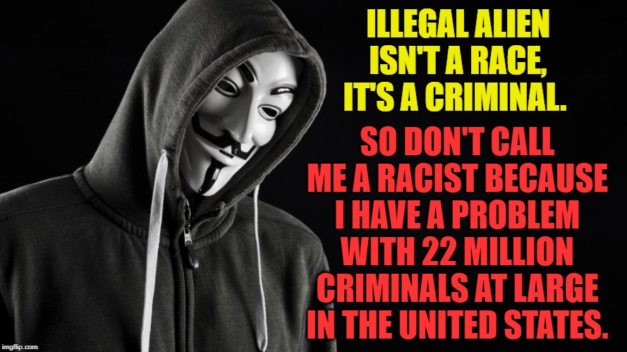 Another example of how the left loves to use the race card. | ILLEGAL ALIEN ISN'T A RACE, IT'S A CRIMINAL. SO DON'T CALL ME A RACIST BECAUSE I HAVE A PROBLEM WITH 22 MILLION CRIMINALS AT LARGE IN THE UNITED STATES. | image tagged in guy fawkes | made w/ Imgflip meme maker