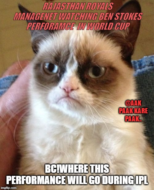 Grumpy Cat Meme | RAJASTHAN ROYALS MANAGENET WATCHING BEN STOKES PERFORAMCE  IN WORLD CUP; @AAK PAAK KARE PAAK.. BC!WHERE THIS PERFORMANCE WILL GO DURING IPL | image tagged in memes,grumpy cat | made w/ Imgflip meme maker