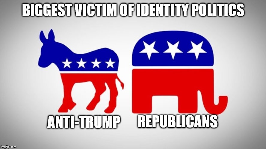 If all you are is Anti-XXX, then if XXX vanishes what is left of you? | BIGGEST VICTIM OF IDENTITY POLITICS; ANTI-TRUMP; REPUBLICANS | image tagged in republicans,democrats | made w/ Imgflip meme maker