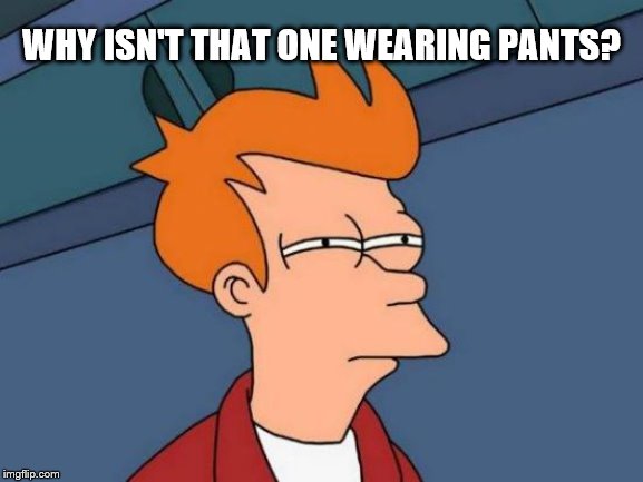 Futurama Fry Meme | WHY ISN'T THAT ONE WEARING PANTS? | image tagged in memes,futurama fry | made w/ Imgflip meme maker