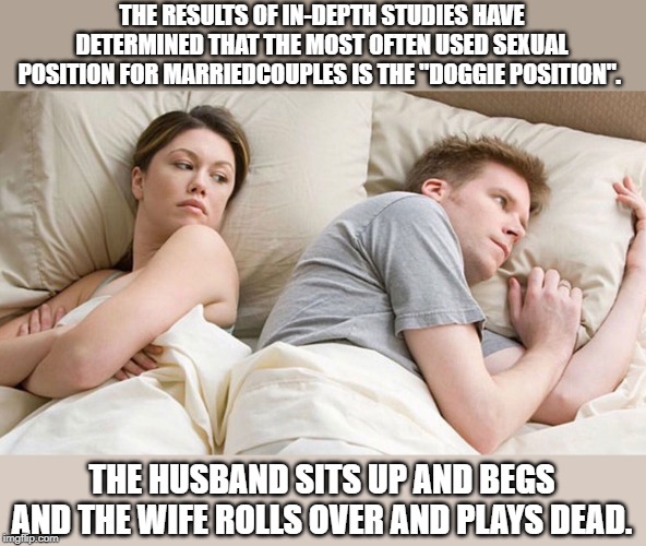 Doggie Style | THE RESULTS OF IN-DEPTH STUDIES HAVE DETERMINED THAT THE MOST OFTEN USED SEXUAL POSITION FOR MARRIEDCOUPLES IS THE "DOGGIE POSITION". THE HUSBAND SITS UP AND BEGS AND THE WIFE ROLLS OVER AND PLAYS DEAD. | image tagged in couple he must be thinking about x | made w/ Imgflip meme maker