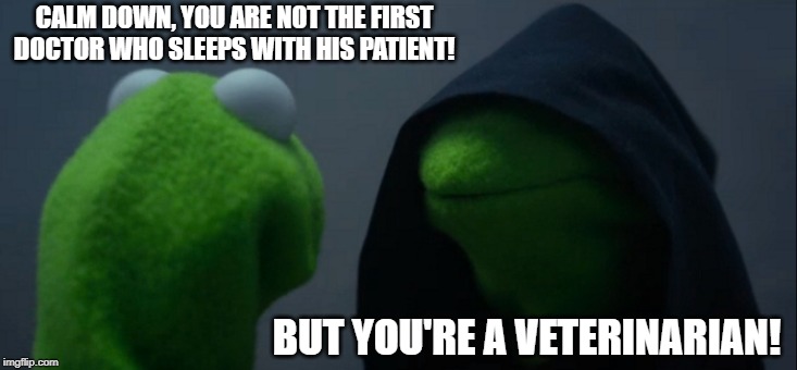 You ANIMAL!!! | CALM DOWN, YOU ARE NOT THE FIRST DOCTOR WHO SLEEPS WITH HIS PATIENT! BUT YOU'RE A VETERINARIAN! | image tagged in memes,evil kermit | made w/ Imgflip meme maker