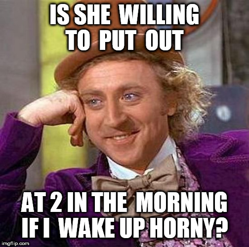 She  Better be! | IS SHE  WILLING TO  PUT  OUT; AT 2 IN THE  MORNING IF I  WAKE UP HORNY? | image tagged in memes,creepy condescending wonka,she,has,to,want it | made w/ Imgflip meme maker