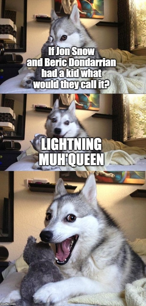Bad Joke Dog | If Jon Snow and Beric Dondarrian had a kid what would they call it? LIGHTNING MUH'QUEEN | image tagged in bad joke dog | made w/ Imgflip meme maker