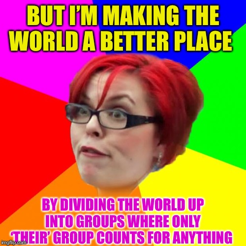 angry feminist | BUT I’M MAKING THE WORLD A BETTER PLACE BY DIVIDING THE WORLD UP INTO GROUPS WHERE ONLY ‘THEIR’ GROUP COUNTS FOR ANYTHING | image tagged in angry feminist | made w/ Imgflip meme maker