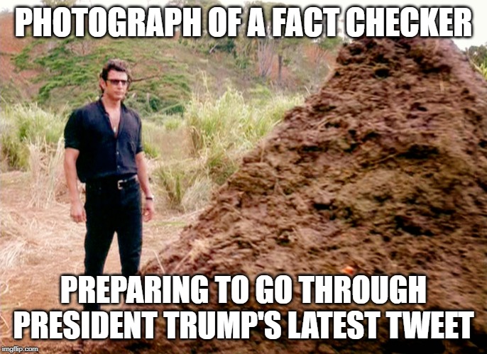 Memes, Poop, Jurassic Park | PHOTOGRAPH OF A FACT CHECKER; PREPARING TO GO THROUGH PRESIDENT TRUMP'S LATEST TWEET | image tagged in memes poop jurassic park | made w/ Imgflip meme maker