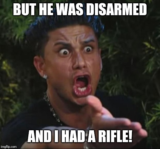 DJ Pauly D Meme | BUT HE WAS DISARMED AND I HAD A RIFLE! | image tagged in memes,dj pauly d | made w/ Imgflip meme maker