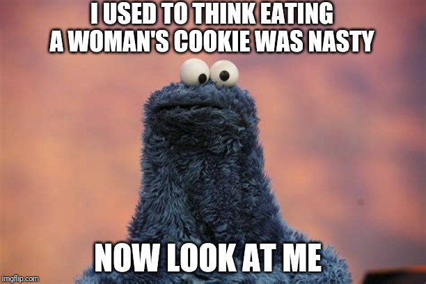 Cookie Monster | I USED TO THINK EATING A WOMAN'S COOKIE WAS NASTY; NOW LOOK AT ME | image tagged in new,cookie monster | made w/ Imgflip meme maker