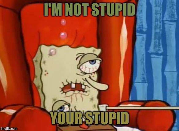 sick spongebob | I'M NOT STUPID; YOUR STUPID | image tagged in sick spongebob | made w/ Imgflip meme maker