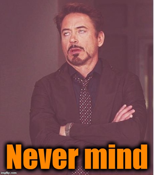 Face You Make Robert Downey Jr Meme | Never mind | image tagged in memes,face you make robert downey jr | made w/ Imgflip meme maker