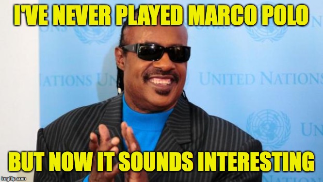 stevie wonder | I'VE NEVER PLAYED MARCO POLO BUT NOW IT SOUNDS INTERESTING | image tagged in stevie wonder | made w/ Imgflip meme maker