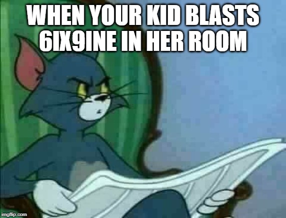 Please don't....... | WHEN YOUR KID BLASTS 6IX9INE IN HER ROOM | image tagged in tom cat wtf | made w/ Imgflip meme maker
