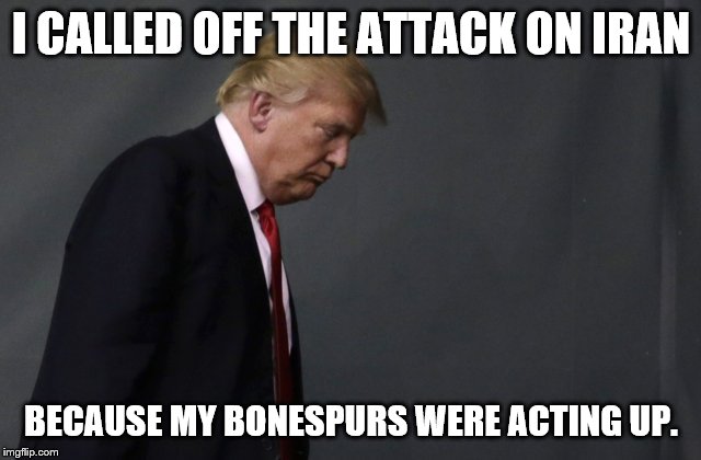 Sad Trump | I CALLED OFF THE ATTACK ON IRAN; BECAUSE MY BONESPURS WERE ACTING UP. | image tagged in sad trump | made w/ Imgflip meme maker