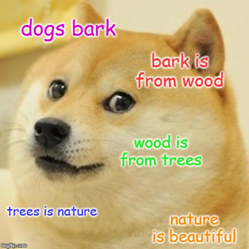 Doge | dogs bark; bark is from wood; wood is from trees; trees is nature; nature is beautiful | image tagged in memes,doge | made w/ Imgflip meme maker
