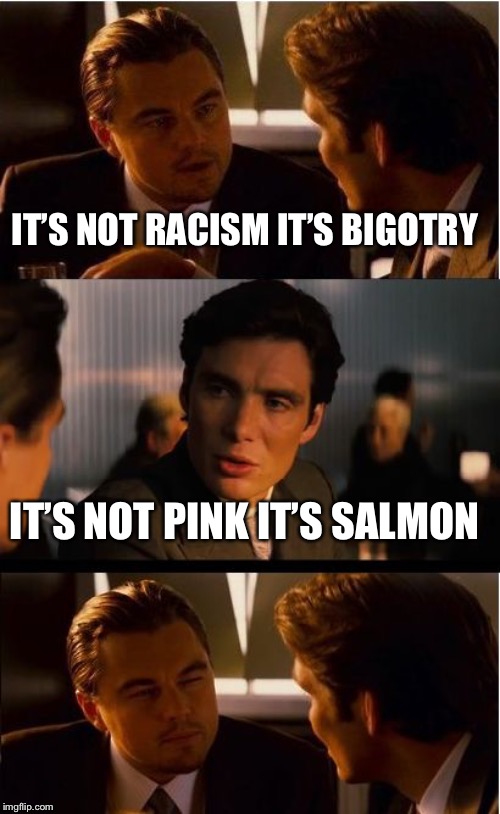 Inception | IT’S NOT RACISM IT’S BIGOTRY; IT’S NOT PINK IT’S SALMON | image tagged in memes,inception | made w/ Imgflip meme maker
