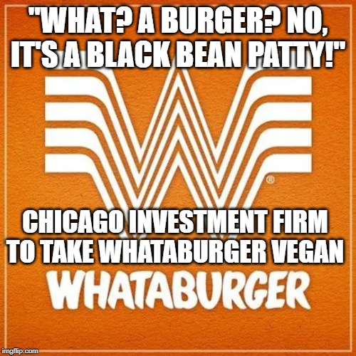 What? A Burger? | "WHAT? A BURGER? NO, IT'S A BLACK BEAN PATTY!"; CHICAGO INVESTMENT FIRM TO TAKE WHATABURGER VEGAN | image tagged in hamburger,whataburger,vegan,fake news,fast food,texas | made w/ Imgflip meme maker