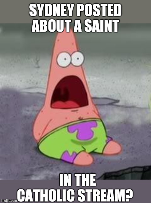 Suprised Patrick | SYDNEY POSTED ABOUT A SAINT IN THE CATHOLIC STREAM? | image tagged in suprised patrick | made w/ Imgflip meme maker