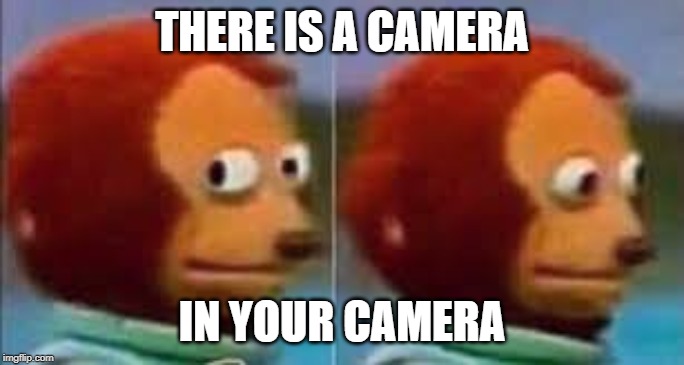 Scared Puppet | THERE IS A CAMERA IN YOUR CAMERA | image tagged in scared puppet | made w/ Imgflip meme maker