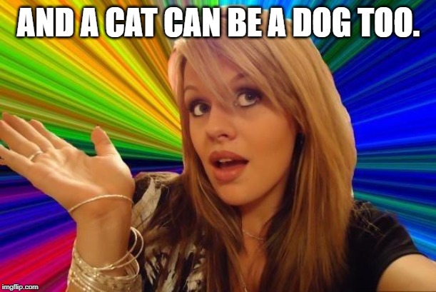 Dumb Blonde Meme | AND A CAT CAN BE A DOG TOO. | image tagged in memes,dumb blonde | made w/ Imgflip meme maker