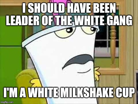 master shake | I SHOULD HAVE BEEN LEADER OF THE WHITE GANG I'M A WHITE MILKSHAKE CUP | image tagged in master shake | made w/ Imgflip meme maker