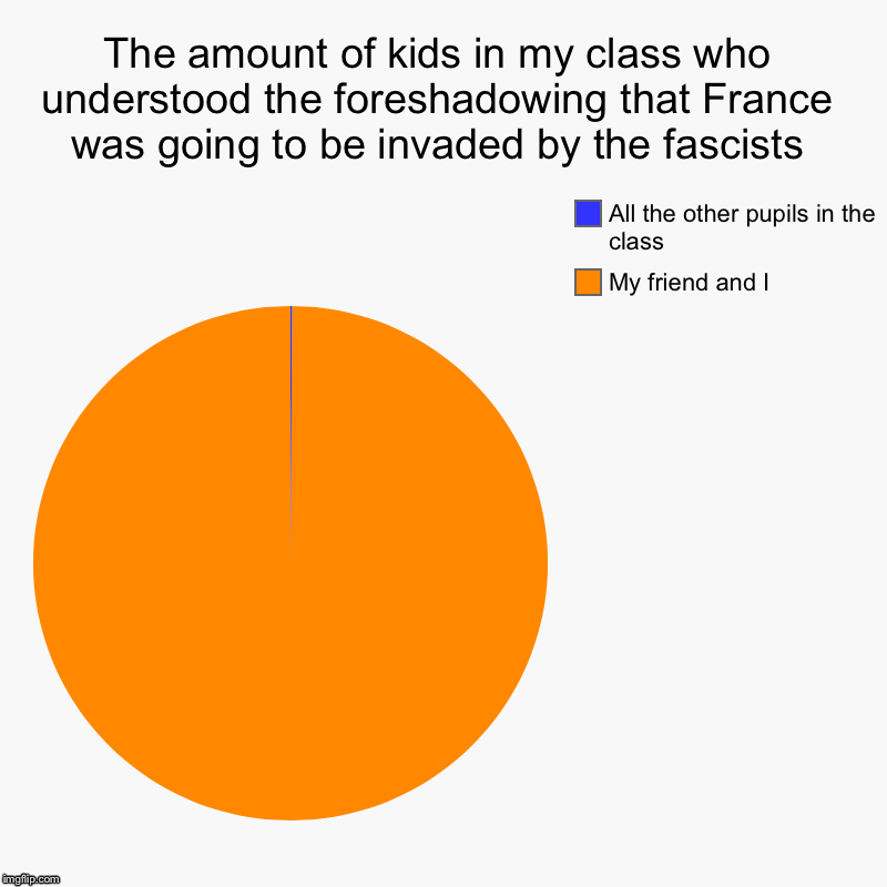 The amount of kids in my class who understood the foreshadowing that France was going to be invaded by the fascists | My friend and I, All t | image tagged in charts,pie charts | made w/ Imgflip chart maker