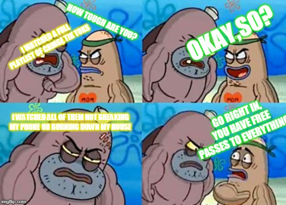 How Tough Are You | HOW TOUGH ARE YOU? OKAY,SO? I WATCHED A FULL PLAYLIST OF CRINGE TIK TOKS; GO RIGHT IN, YOU HAVE FREE PASSES TO EVERYTHING! I WATCHED ALL OF THEM NOT BREAKING MY PHONE OR BURNING DOWN MY HOUSE | image tagged in memes,how tough are you | made w/ Imgflip meme maker