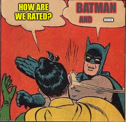 Batman Slapping Robin Meme | HOW ARE WE RATED? BATMAN AND ROBIN | image tagged in memes,batman slapping robin | made w/ Imgflip meme maker