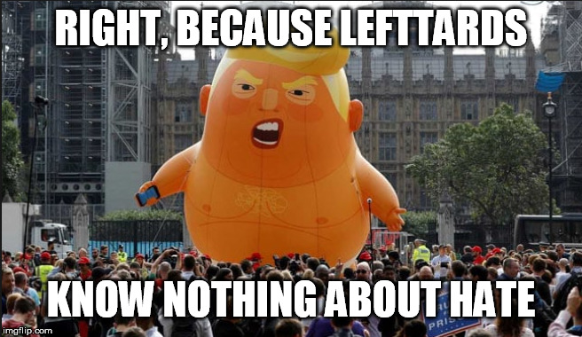 Trump Balloon | RIGHT, BECAUSE LEFTTARDS KNOW NOTHING ABOUT HATE | image tagged in trump balloon | made w/ Imgflip meme maker