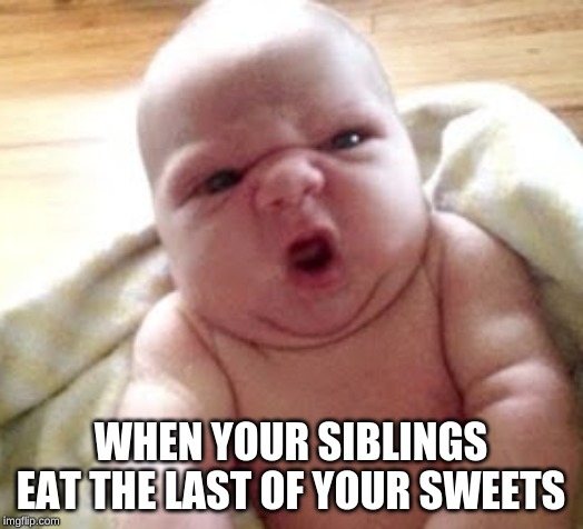 WHEN YOUR SIBLINGS EAT THE LAST OF YOUR SWEETS | image tagged in angry baby,memes,siblings,sweets | made w/ Imgflip meme maker