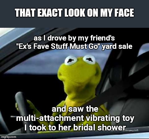 When I saw it | THAT EXACT LOOK ON MY FACE; as I drove by my friend's "Ex's Fave Stuff Must Go" yard sale; and saw the multi-attachment vibrating toy I took to her bridal shower | image tagged in kermit car,humor,weird stuff | made w/ Imgflip meme maker