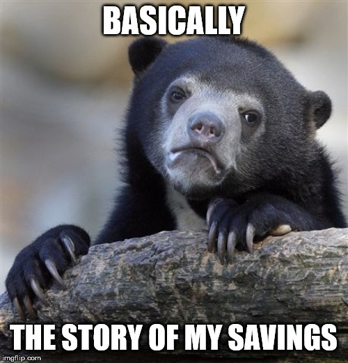 Confession Bear Meme | BASICALLY THE STORY OF MY SAVINGS | image tagged in memes,confession bear | made w/ Imgflip meme maker